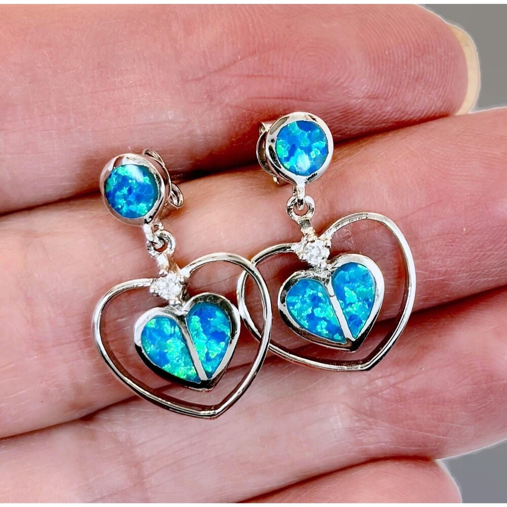 Opal Earrings, Dangle, Sterling Silver, Hearts, Vintage Earrings, Lab Opal, Boho